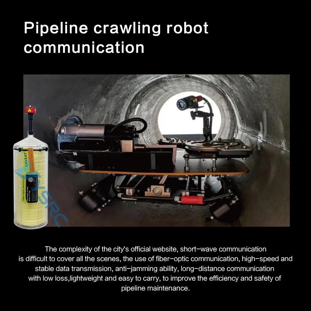 A pipeline crawling robot uses fiber-optic communication for fast, reliable, long-distance data transmission, enhancing maintenance efficiency and safety. (24 words)