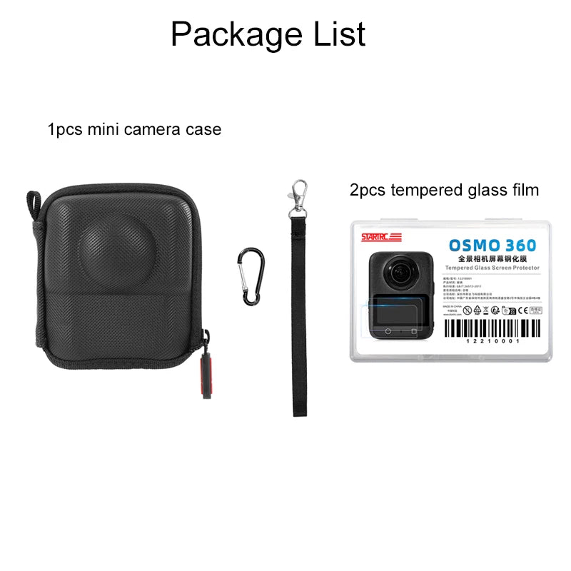 Mini camera case, lanyard, 2 tempered glass films for OSMO 360.