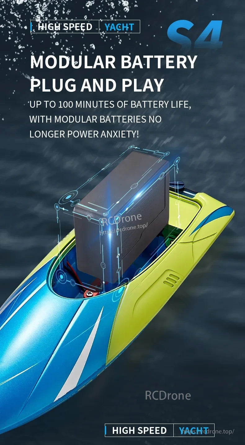 S4 RC Boat, The S4 High Speed Yacht features a modular, plug-and-play battery providing up to 100 minutes of runtime, eliminating power anxiety. (22 words)