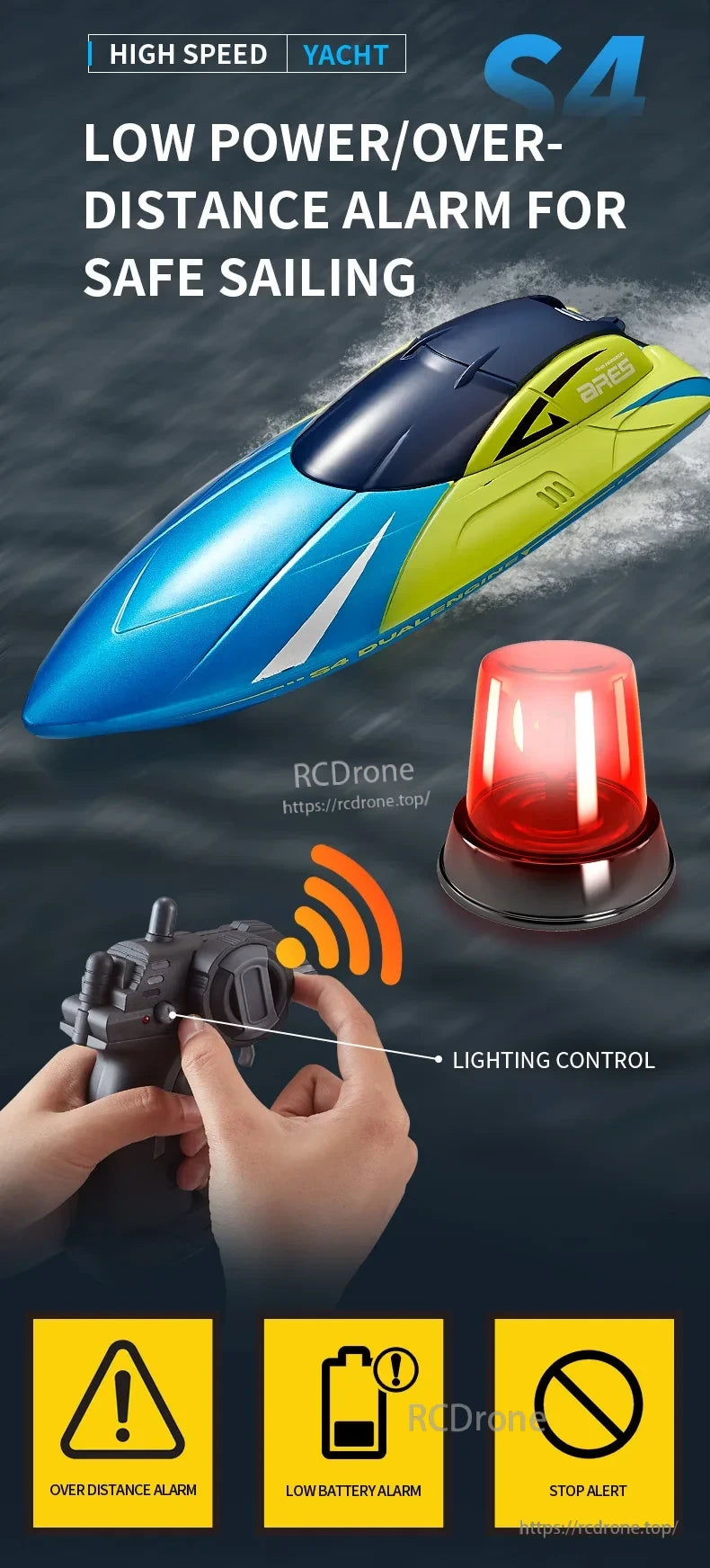 S4 RC Boat, The S4 high-speed yacht includes low power and over-distance alarms, lighting control, and alert systems for safe, secure sailing.