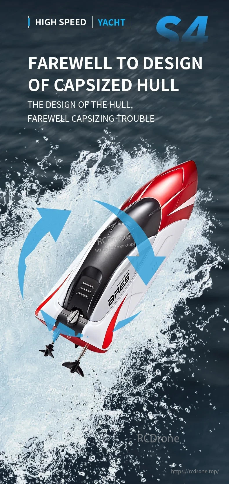 S4 RC Boat, High-speed yacht S4 with advanced hull design ensures stability and prevents capsizing.
