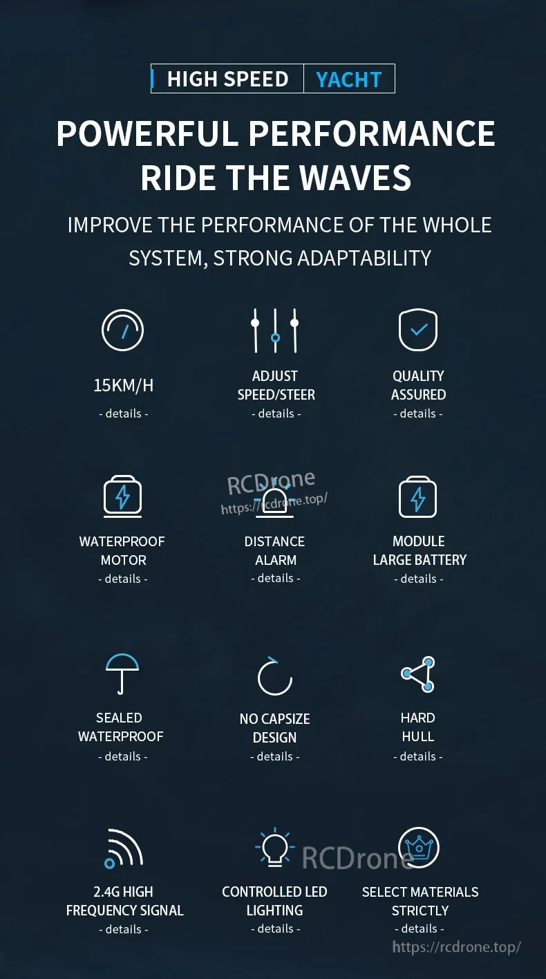 S4 RC Boat, High-speed, waterproof drone yacht with 15km/h speed, 2.4G control, LED lights, sealed hull, no-capsize design, large battery, distance alarm, and premium materials for safety and performance.