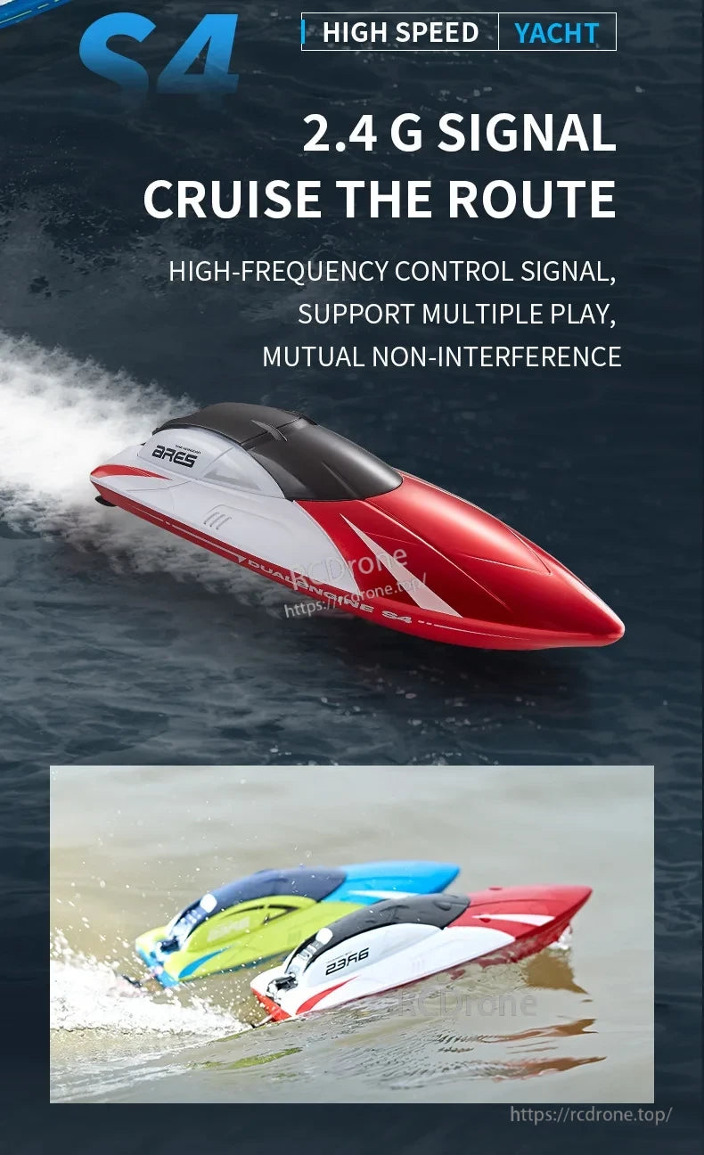 S4 RC Boat features high-speed, double rudder motor, waterproof design, and long-range control with 2.4G technology.