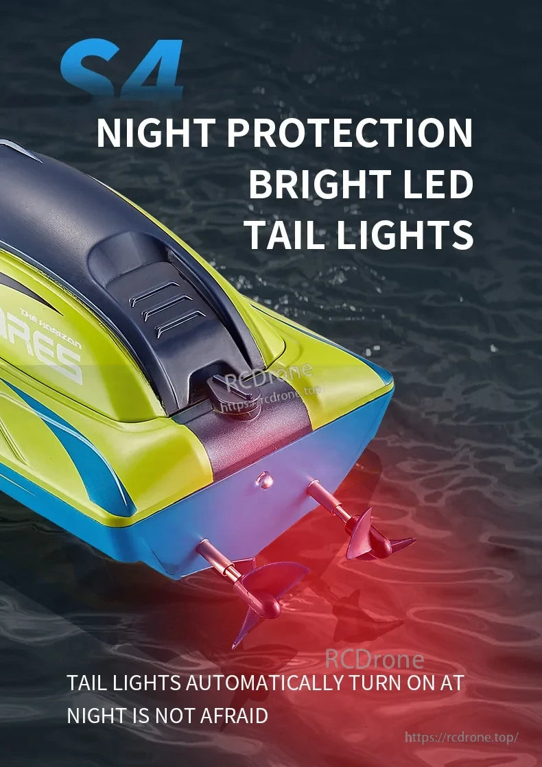 S4 RC Boat, Bright LED tail lights automatically turn on at night for nighttime protection and safety