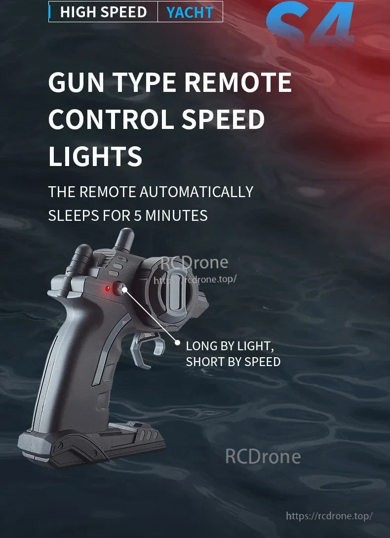 S4 RC Boat, High-speed yacht S4 remote features speed lights, auto sleep in 5 minutes, long light indicates speed, short light for control.
