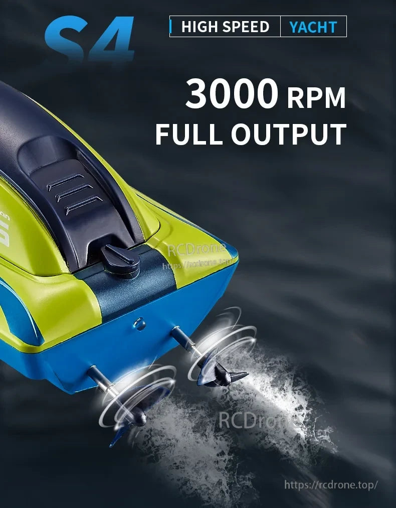 S4 RC Boat, High-speed RC boat with double rudder motor and waterproof design for 15km/h speed and 100m range.