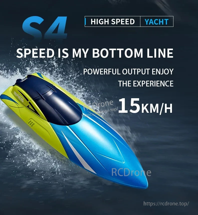 S4 RC Boat, The S4 High Speed Yacht reaches 15km/h with powerful output, emphasizing speed as its core performance feature.