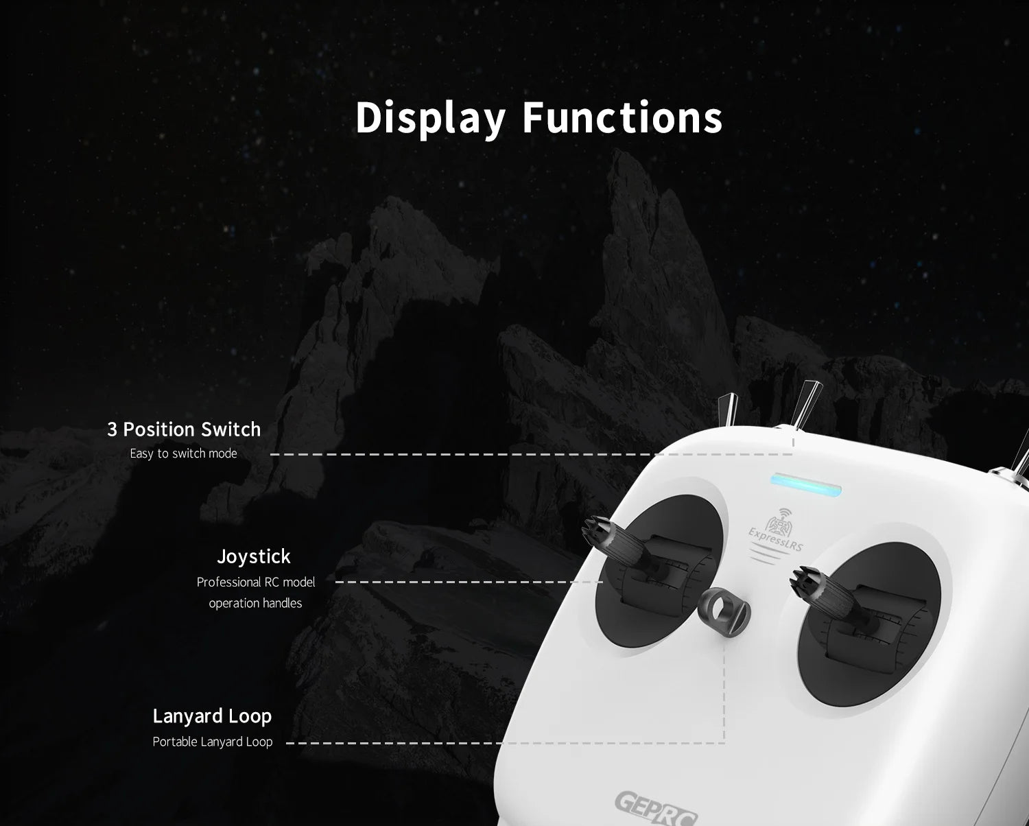 GEPRC TinyRadio ELRS Remote Controller, Display Functions 3 Position Switch Easy to switch mode Joystick Professional RC model operation handles Lan