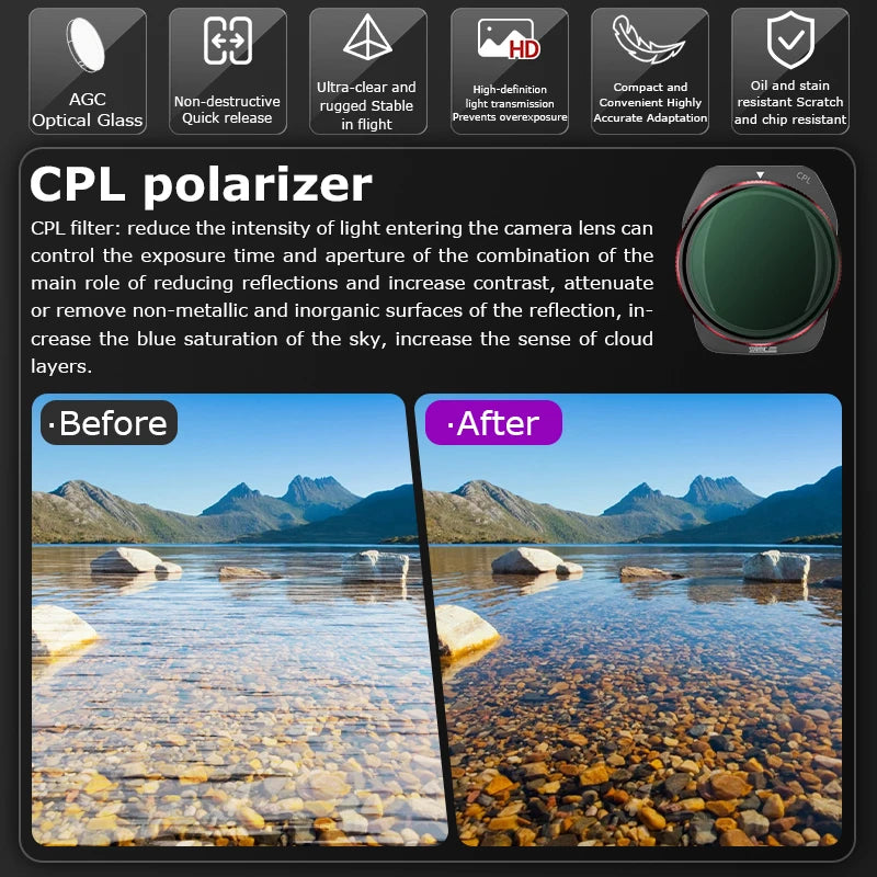 STARTRC Lens Filter, CPL polarizer reduces reflections, increases contrast and sky saturation. Features AGC optical glass, HD clarity, compact scratch-resistant design, and quick release for enhanced image detail.