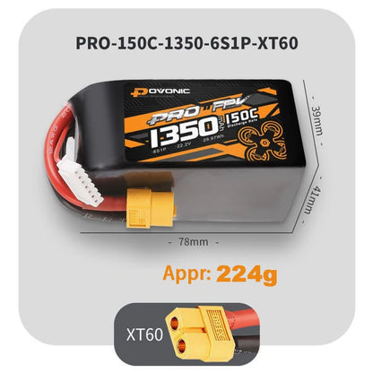 Ovonic 6S 22.2V 1350mAh 150C LiPo Battery, Ovonic 6S LiPo battery for FPV drones with XT60 plug, measuring 78mm x 224g.