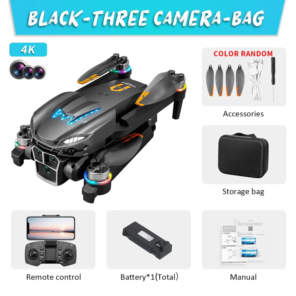 A23 Pro  Drone, BLACKTHREE Camera Bag 4K Color Random Accessory Storage with Remote Control and Battery