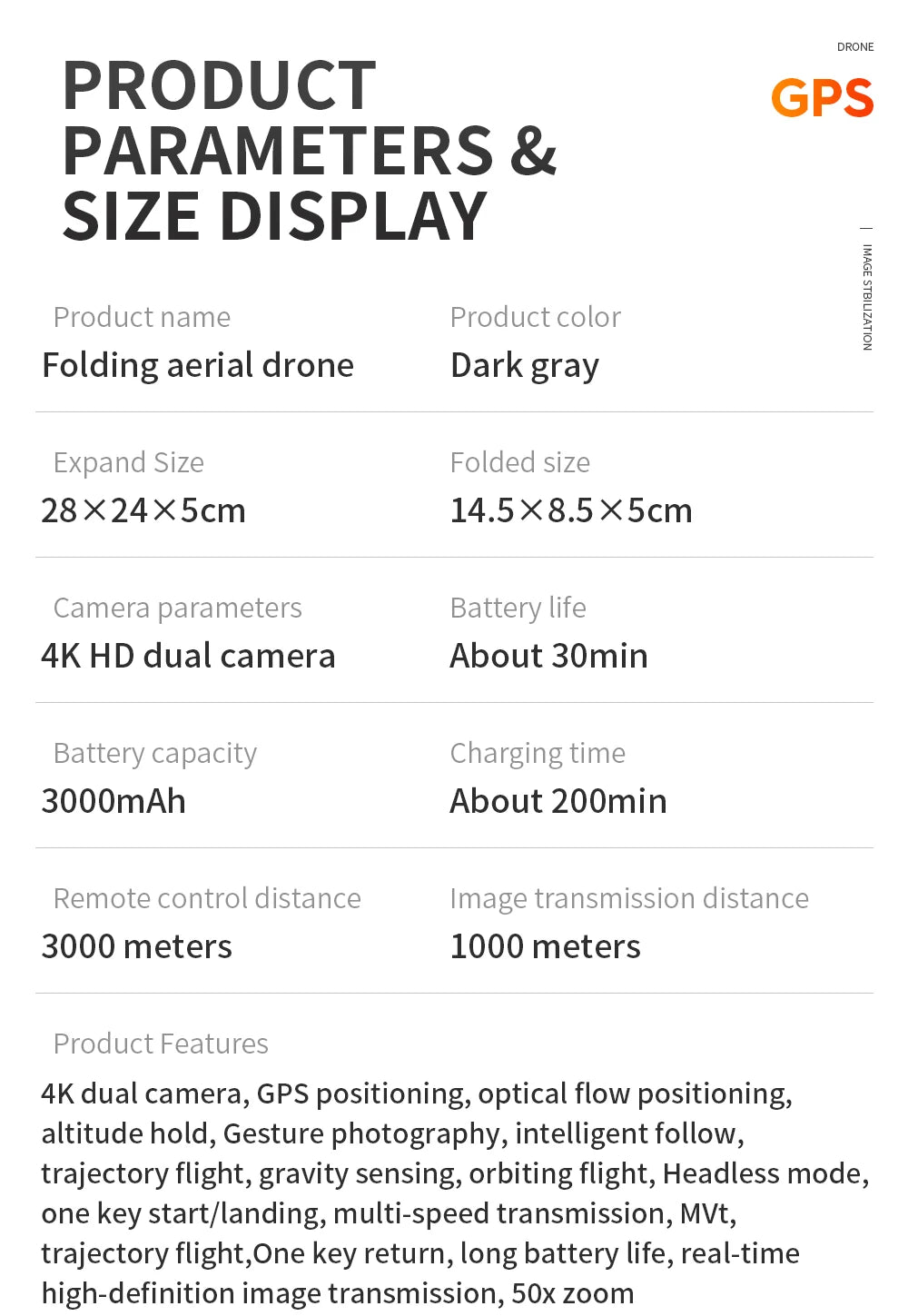 WYFA X3 Drone - GPS 6K HD EIS OAS Dual Camera Profesional Brushless Rc Anti-Shake Photography Foldable obstacle Drones For Gift Toy Professional Camera Drone 30 WYFA X3 Drone, DRONE PRODUCT GPS PARAMETERS & SIZE DISPLAY