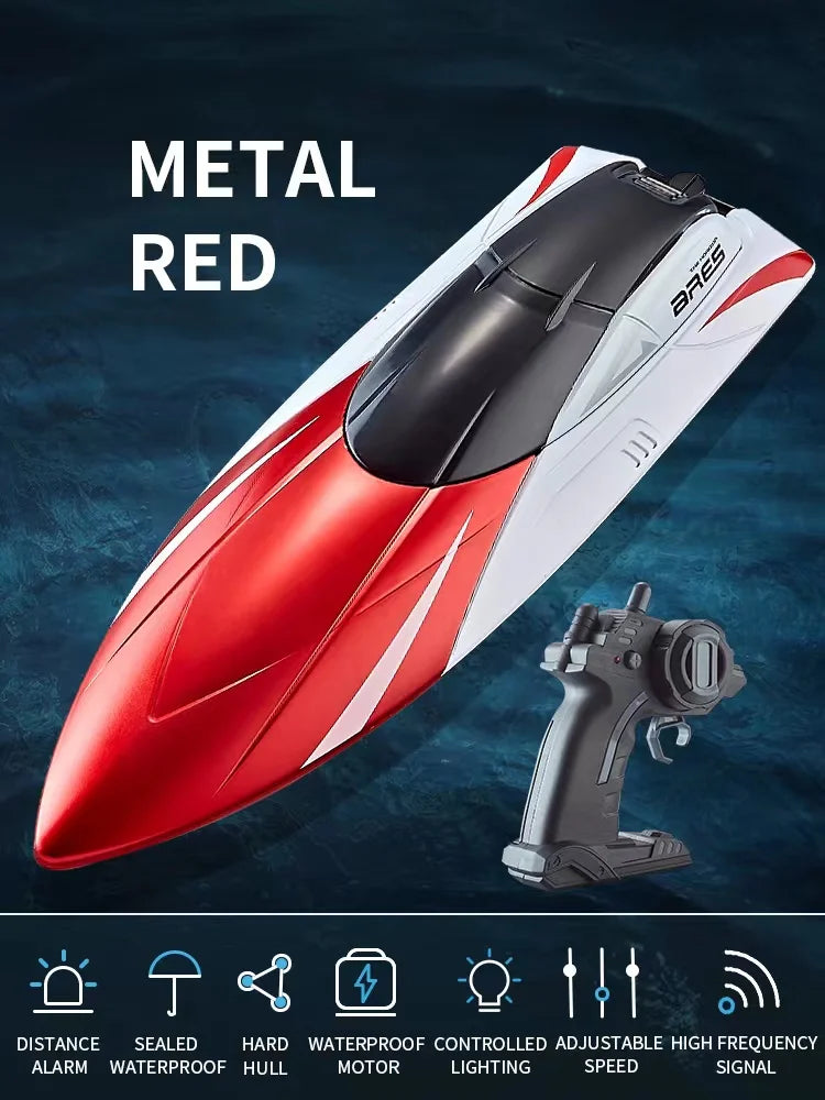 S4 RC Boat, Red RC boat: 15km/h, 100m range, 2.4G control, USB charging, LED lights, adjustable speed, waterproof. Ideal for outdoor fun.