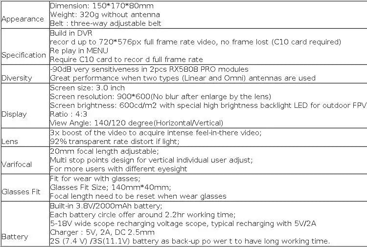 Eachine EV800DM FPV Goggle - Varifocal 5.8G 40CH Diversity FPV Goggles with HD DVR 3 Inch 900x600 Video Headset Build in Battery FPV Drone VR 8 Eachine EV800DM FPV Goggle, built-in 3,8v/200OmAh battery; each battery circle offer around 2.2