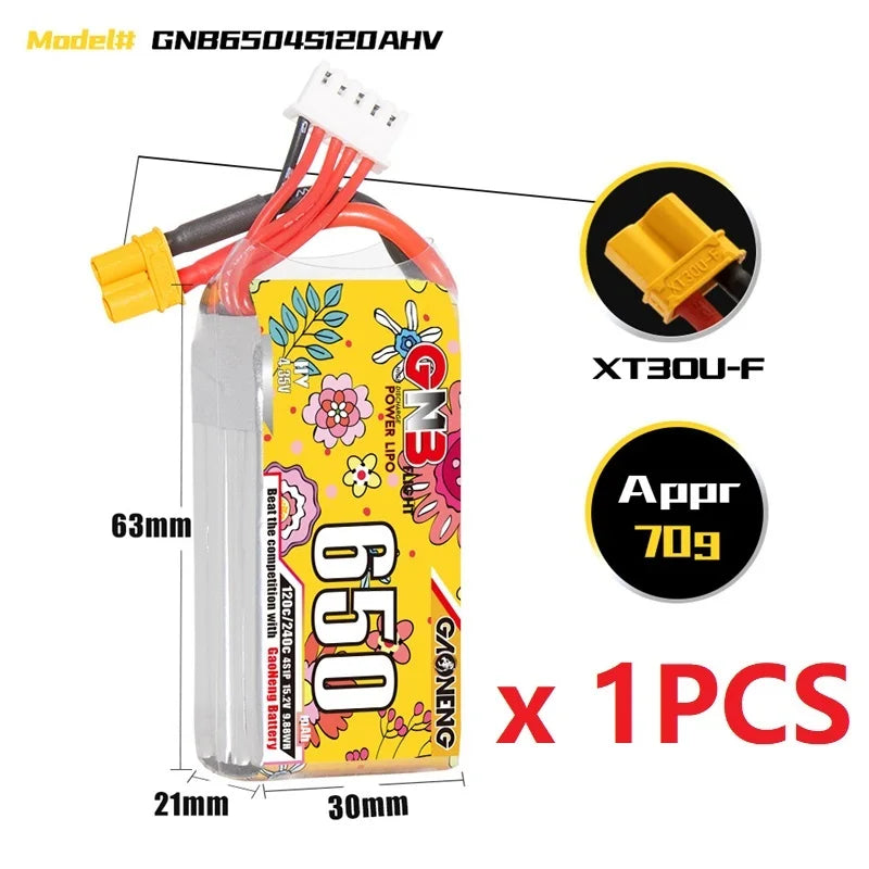 Lipo Drone Batteries: Various capacities and discharge rates available in 2S-8S models with XT30 plug.