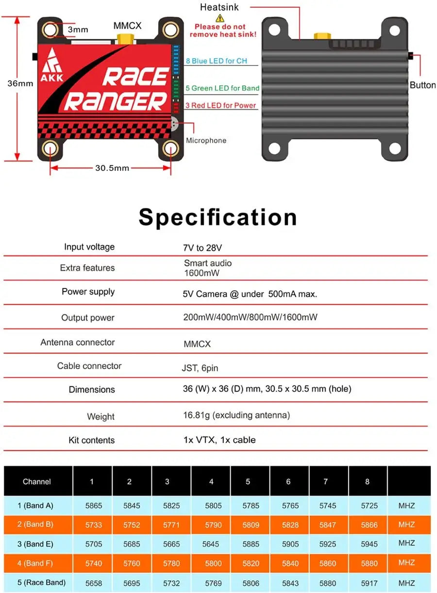 AKK Race Ranger 1.6W 5.8G VTX SMA International Version - 200mW/400mW/800mW/1600mW Switchable Long Range Transmitter FPV Video Transmitter Support Smart Audio 7 AKK Race Ranger 1.6W 5.8G VTX, AKK Race Ranger 1.6W 5.