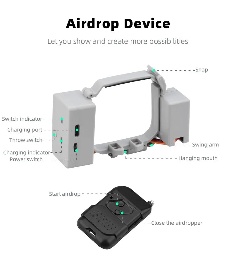 Drone Airdrop for DJI Mavic Mini 2/Mini 1/SE/MINI 3 PRO Air Drop System Thrower Fishing Bait Wedding Ring Gift Throw Deliver 25 Airdrop Device Let you show and create more possibilities Snap Switch indicator Char