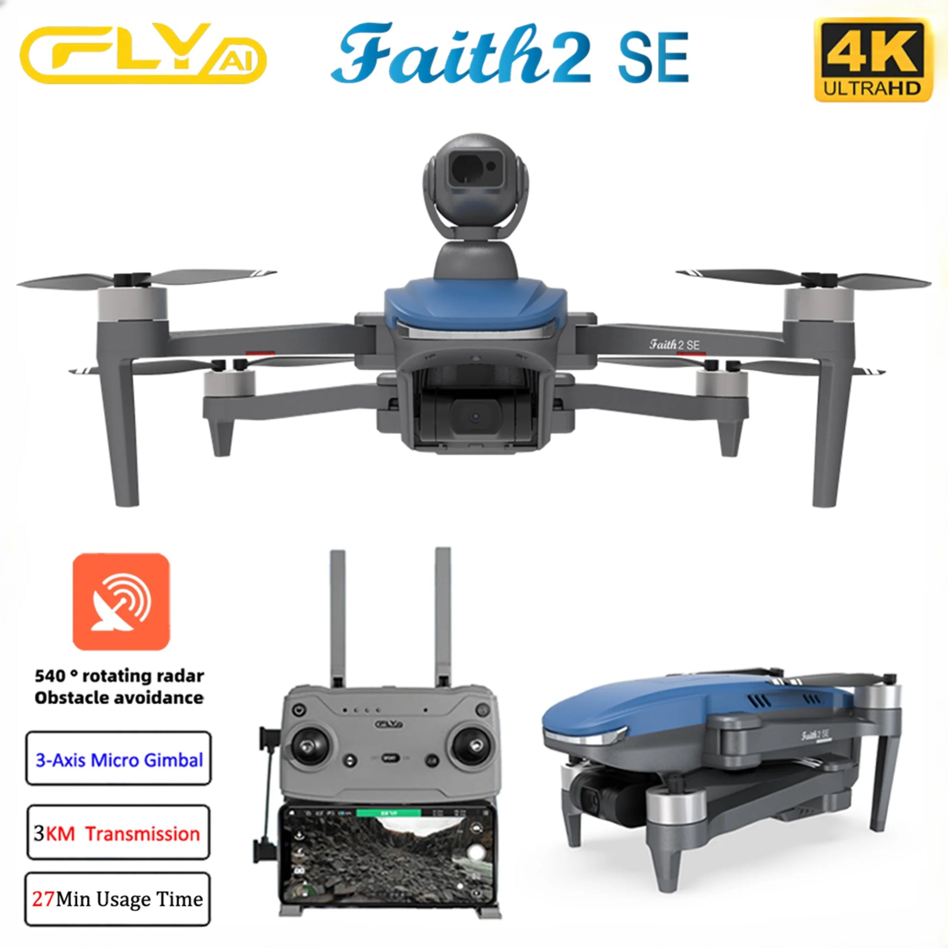 C-Fly Faith 2 SE Drone, Drone features C-Fly Faith 2 SE model, 3km range, 4K camera, 3-axis gimbal, and 540° obstacle avoidance.