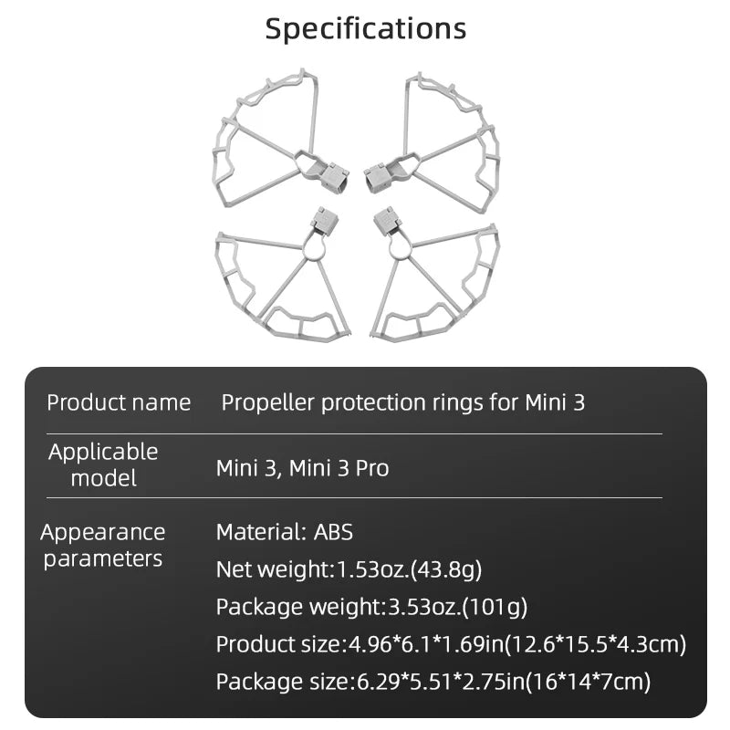 Propeller Protector Guard for DJI MINI 3 Drone, Specifications Product name Propeller protection rings for Mini 3 Applicable model Mini 3, Mini 3