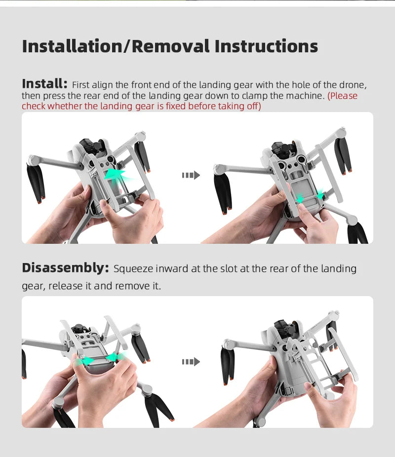 Foldable Landing Gear, landing gear aligns with the hole of the drone, then press the rear of the landing gear