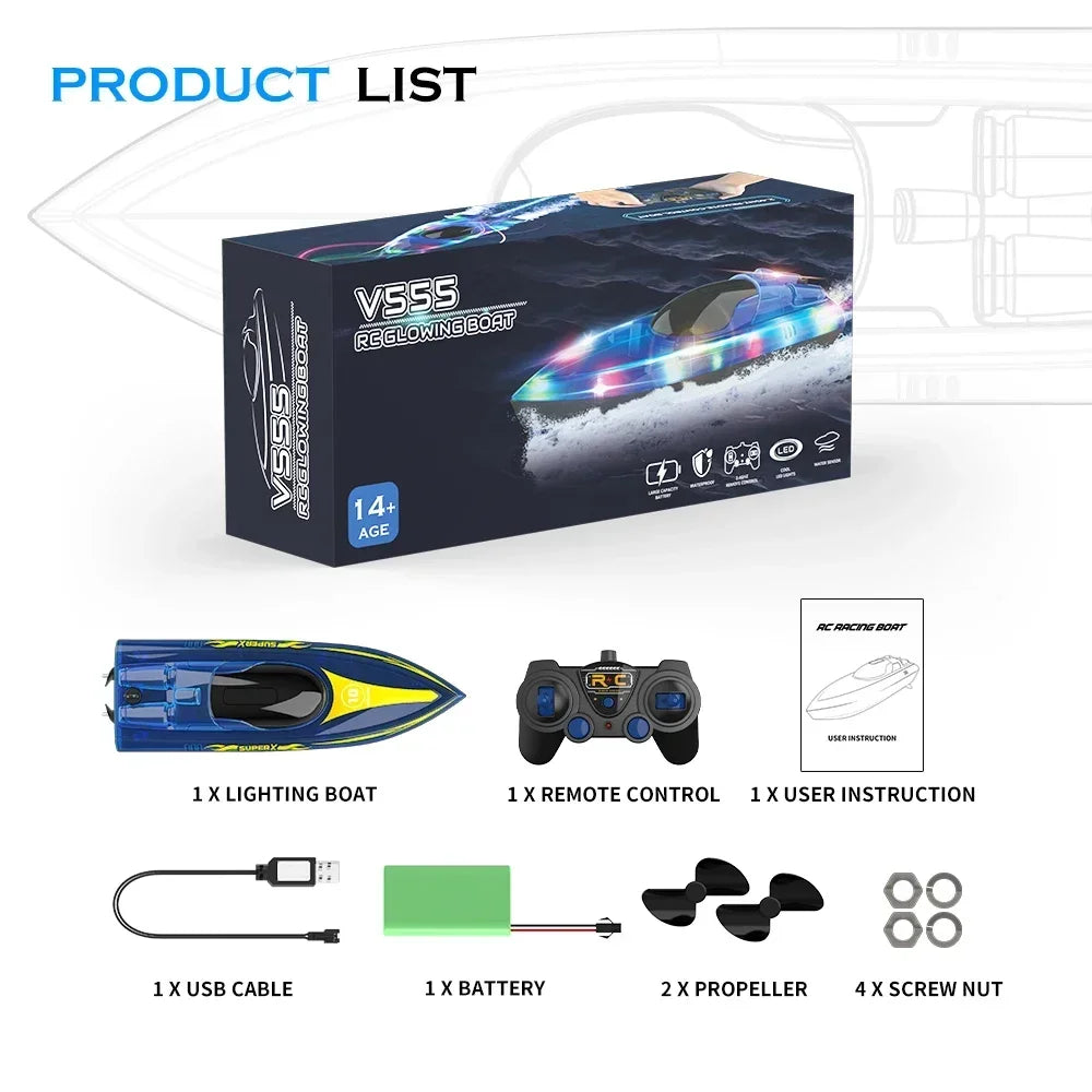 V555 2.4GHz RC Boat, V555 RC glowing boat for ages 14+, includes accessories, LED lights, 50M range, 60min runtime, and reaches 15KM/h.