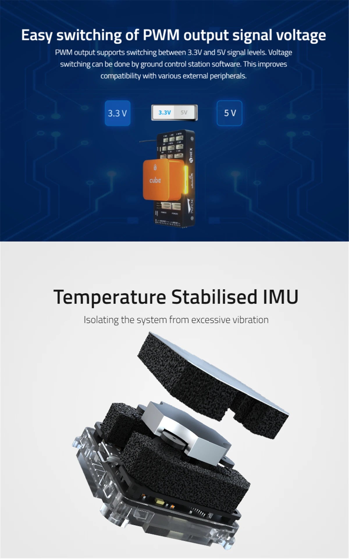 HEX Pixhawk 2.1 PX4 PIX 32 Bit Autopilot Flight Controller - The Cube Orange + Standard Set W/ Here 3 GPS & ADS-B Carrier Board 17 PWM output supports switching between 3.3V and SV signal levels . ground control station