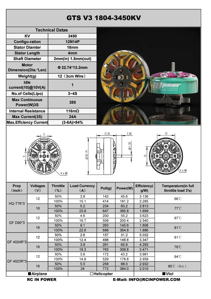 GTS V3 motor: KV 3450, 18mm stator, 12g. Max 385W (3S), 24A, >84% efficiency. Perfect for FPV drones with HQ-T76*3 props.