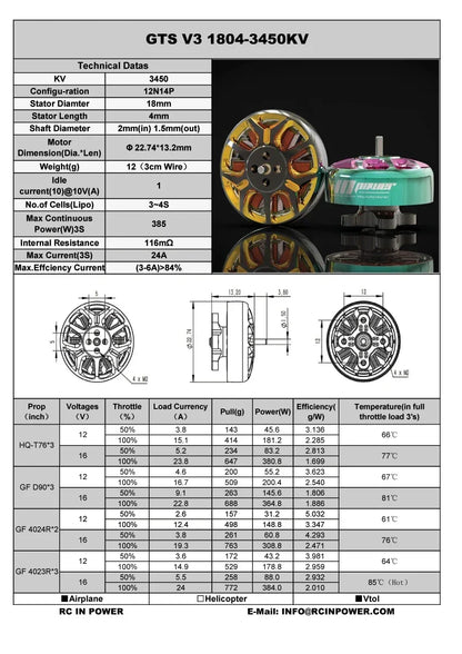 GTS V3 motor: KV 3450, 18mm stator, 12g. Max 385W (3S), 24A, >84% efficiency. Perfect for FPV drones with HQ-T76*3 props.