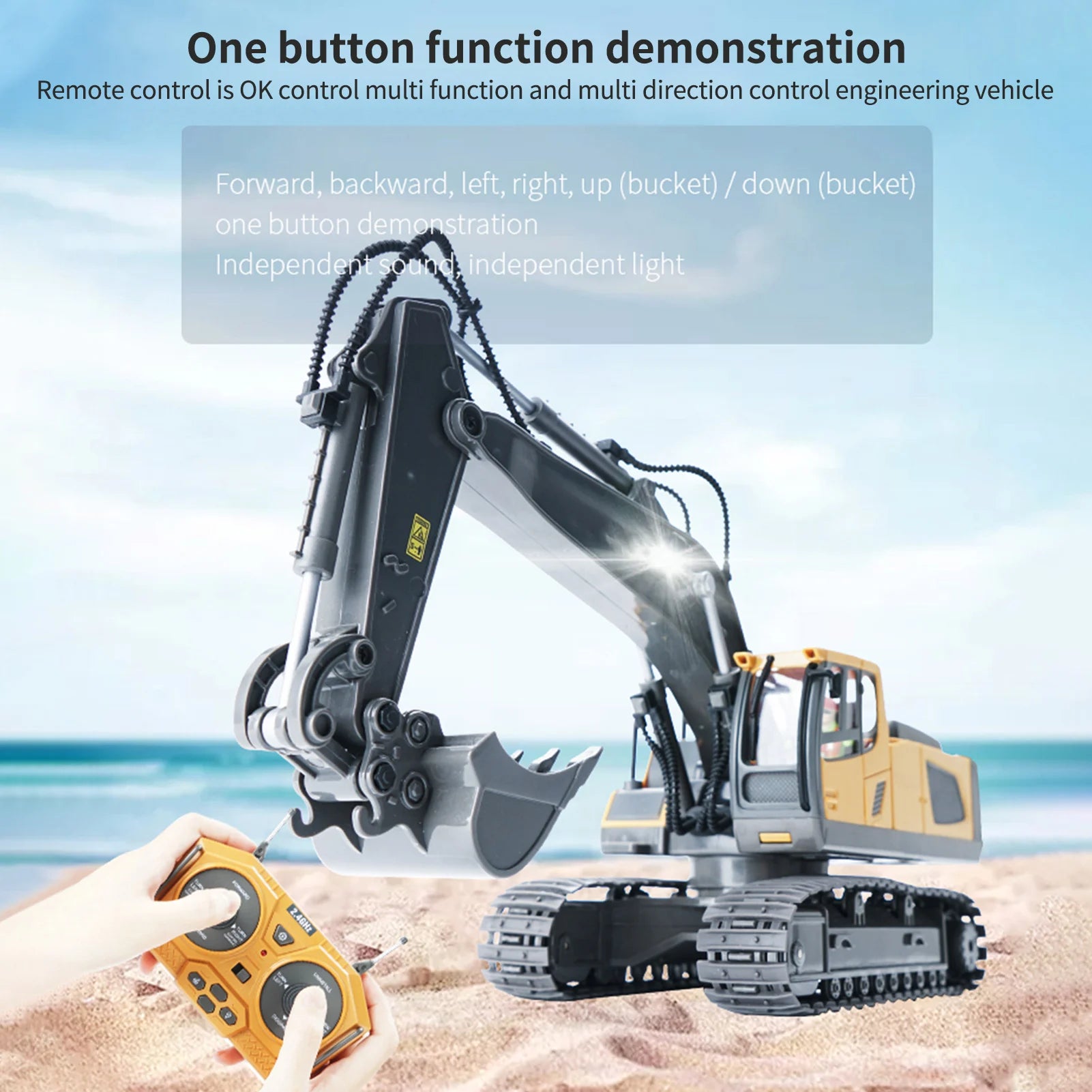 one button function demonstration Remote control is OK control multi function and multi direction control engineering vehicle .