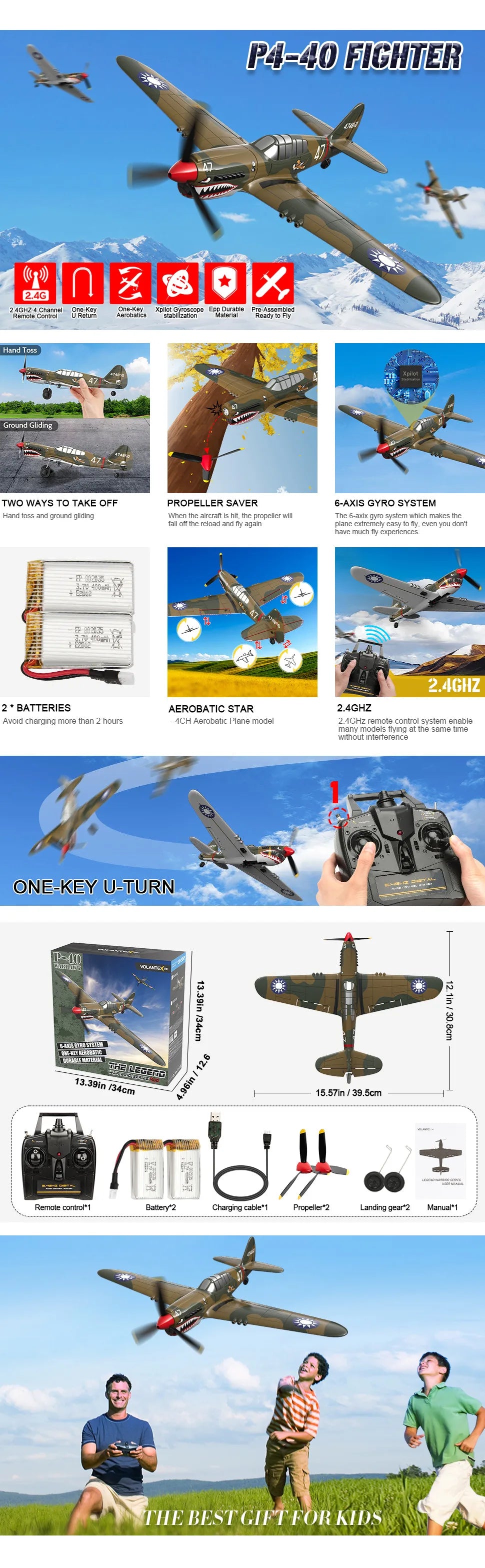 P-40 RC Aircraft P40 Fighter RC Plane - 400mm Wingspan 4CH 6-Axis Gyro One-Key U-Turn Aerobatic RTF RC Airplane Outdoor Toys 10 P-40 RC Aircraft P40 Fighter RC Plane, the axix gyro system makes the fall off the reload and