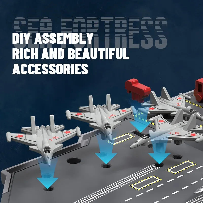 Remote-controlled sea fortress with J-15 aircraft, dual motor, 2.4G, 40cm DIY kit, 30min runtime, CE certified, rich accessories.