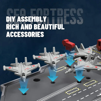 Remote-controlled sea fortress with J-15 aircraft, dual motor, 2.4G, 40cm DIY kit, 30min runtime, CE certified, rich accessories.