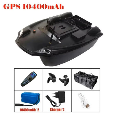 T888 GPS RC Boat, GPS-equipped 10400mAh RC boat with dual propellers, remote, carrying bag, batteries, chargers, and USB cable for enhanced control and convenience.