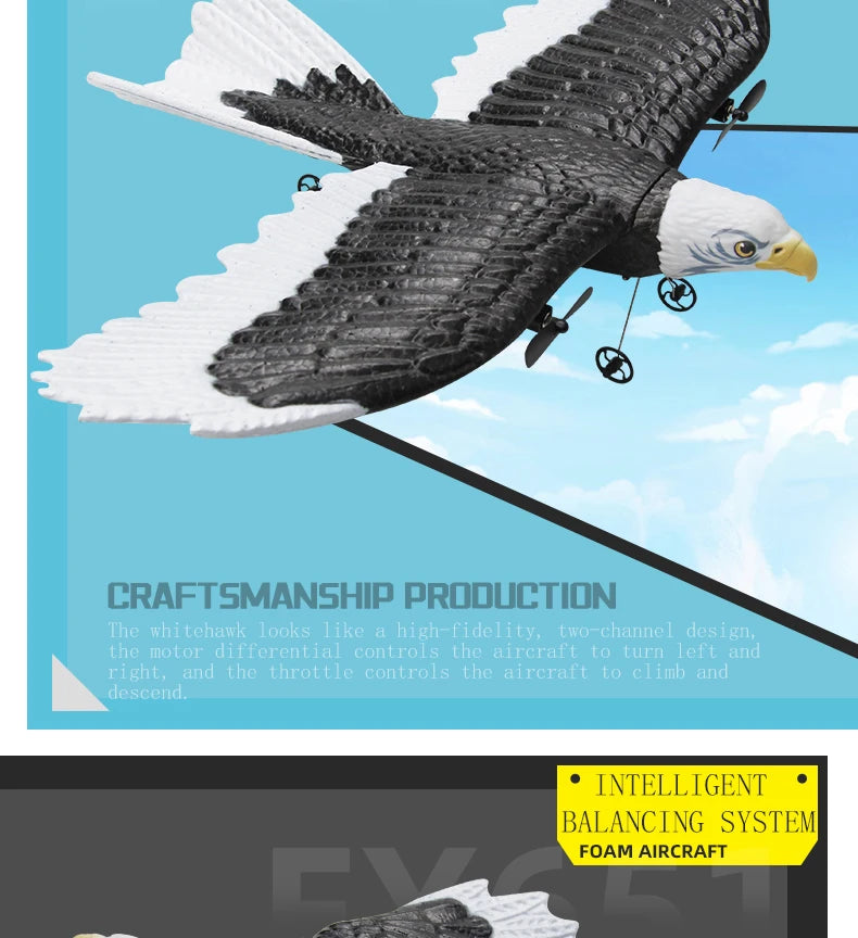 FX651 Simulation Wingspan Eagle Aircraft - 405mm 2.4G Radio Control Remote Control Glider Airplanem RC Foam Plane Toys for Children Boys 21 FX651 Simulation Wingspan Eagle Aircraft, whitehawk looks like high-fidelity; motor differential controls aircraft Go Euin left and right;