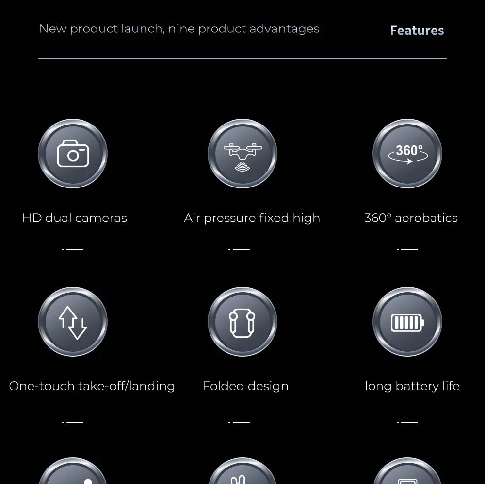 E66 Drone - Professional HD Camera, new product launch; nine product advantages Features 3608 HD dual cameras Air pressure fixed high 360*