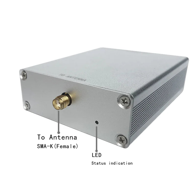 Bi-directional signal amplifier for 850-930MHz frequency range with SMA-K antenna and LED indicator.