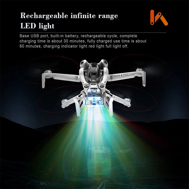 Rechargeable LED light with USB port, 30-minute charge for 60 minutes of use, built-in battery, and red indicator.