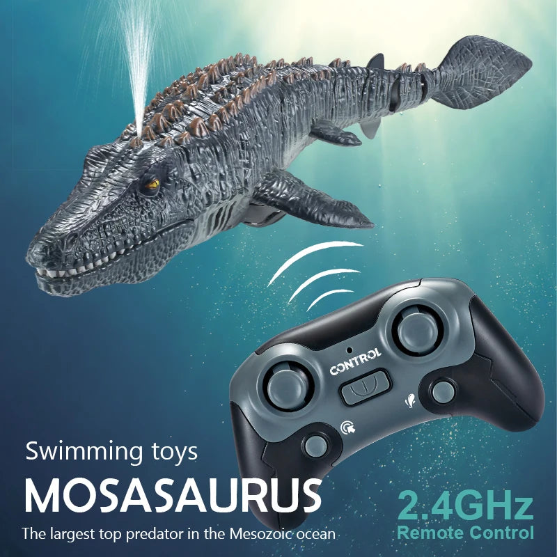 2.4G RC Boat, MOSASAURUS swimming toy: 2.4GHz remote control, waterproof electric design, simulates the largest Mesozoic ocean predator, operates up to 50m range.