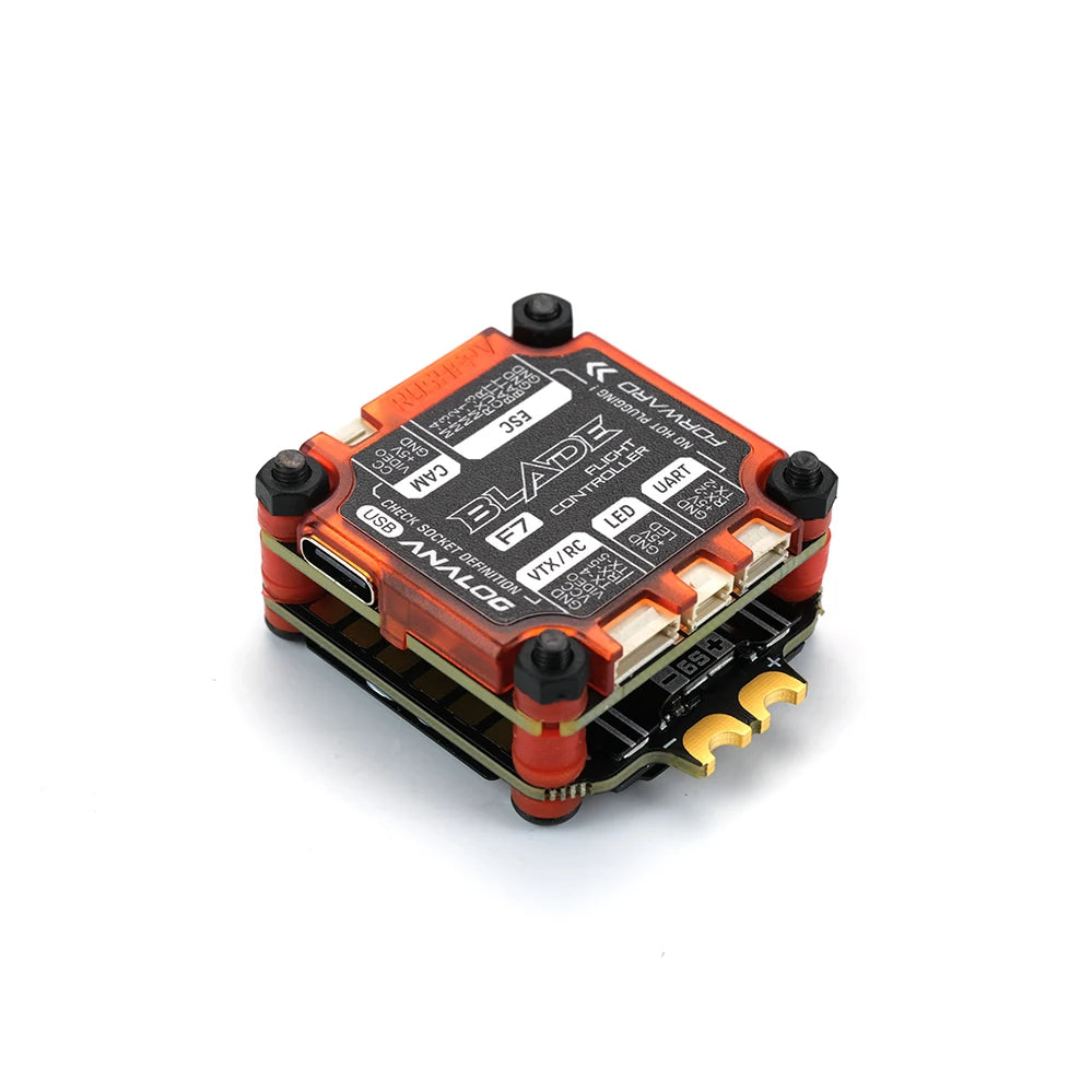 RUSHFPV RUSH BLADE V2 Stack. RushFPV V2 flight controller with F722 processor. analog/digital combo. and BLHeli32 ESC for FPV drone use.