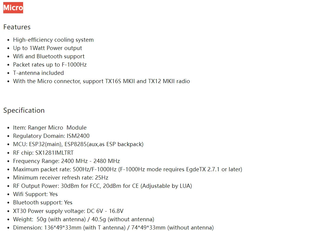 Micro Features High-efficiency cooling system Up to 1Watt Power output Wifi and