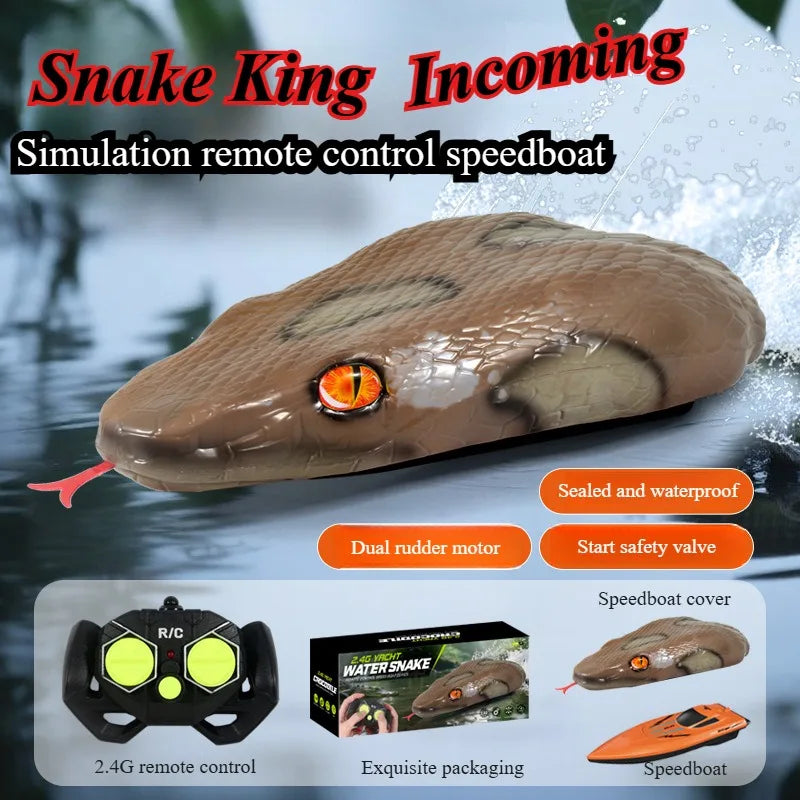 RC Boat, Snake King RC speedboat features dual motors, 2.4G remote, waterproof sealed design, safety valve, and includes cover and packaging for protection.