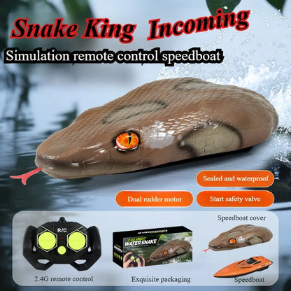 RC Boat, Snake King RC speedboat features dual motors, 2.4G remote, waterproof sealed design, safety valve, and includes cover and packaging for protection.