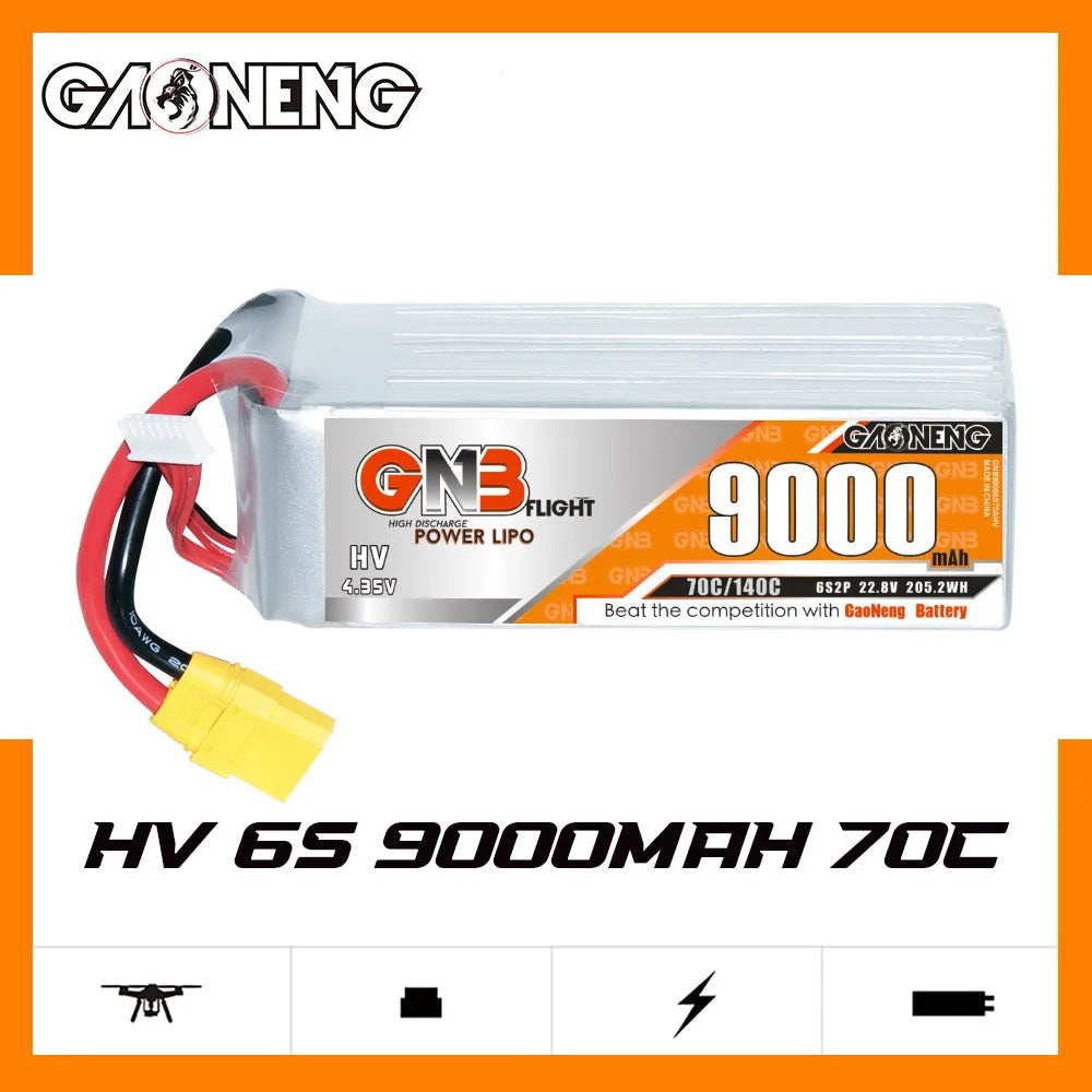 GN6S battery for FPV racing drones: high performance, 22.8v, 9000mAh, 70/140C discharge rate.