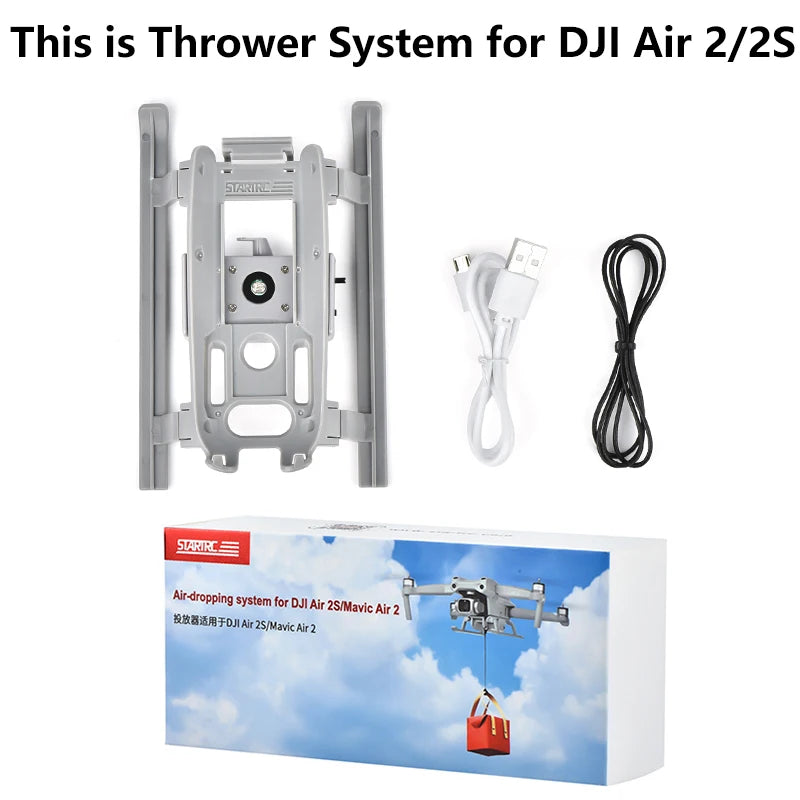 StartRC Airdrop, Air-dropping system for DJI Air 2S/Mavic Air 2 includes launcher, cables, and packaging for easy deployment.