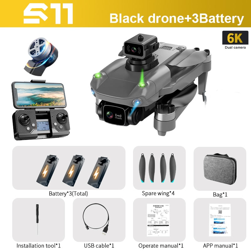 S11 Pro Drone, 571 Black drone+3Battery 6K Dual camera Gan