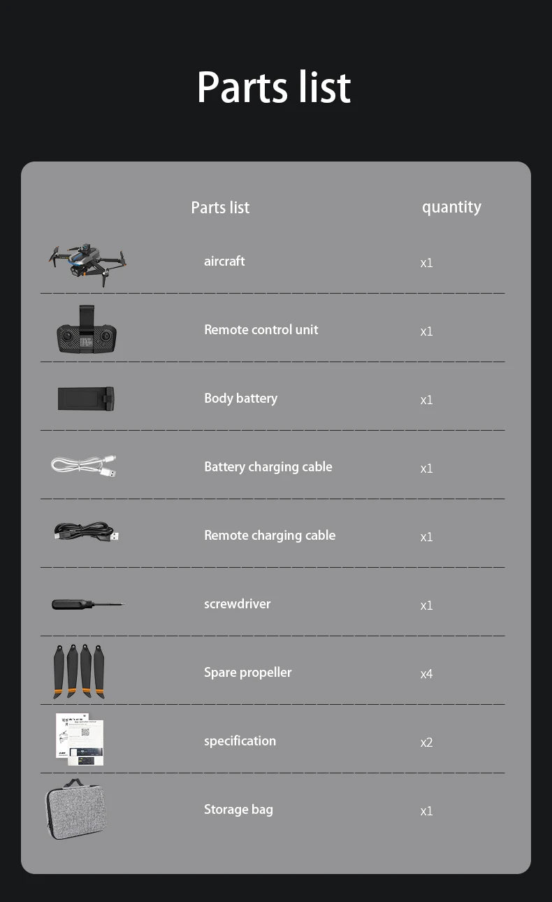 AE8 EVO Drone - Dual Camera 4K Professional Positioning Aerial Photography Laser Obstacle Avoidance Gesture Photography GPS Drone 29 AE8 EVO Drone, aircraft parts list Spare propeller specification Storage bag . spare propellers list spare propel