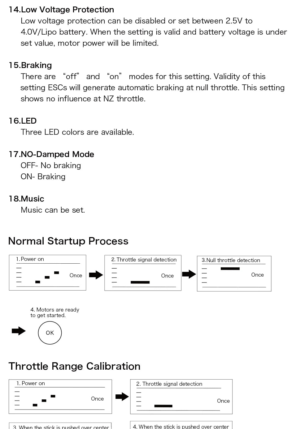 T-MOTOR F35A ESC, 4.Low Voltage Protection Low voltage protection can be disabled or set between 2.5V to 4.