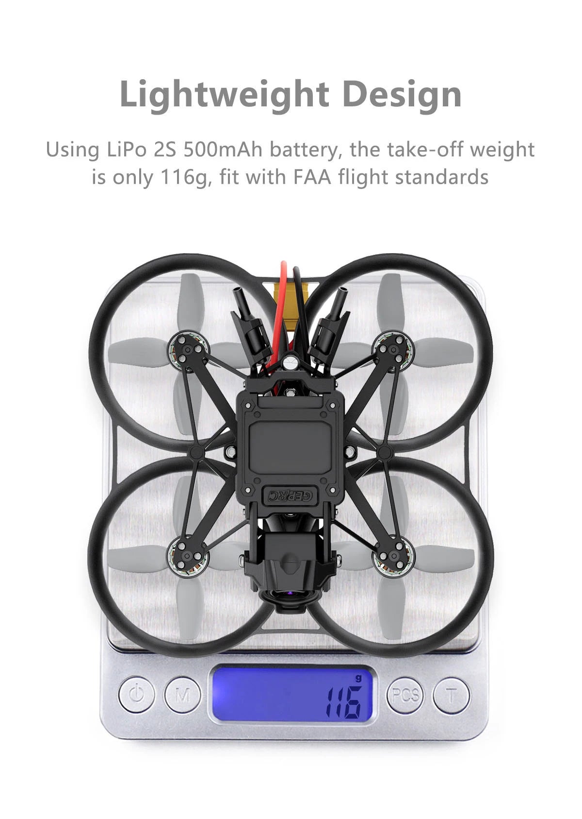 GEPRC DarkStar20 HD O3 Cinewhoop, Lightweight Design LiPo 2S 50OmAh battery, the take-off weight is