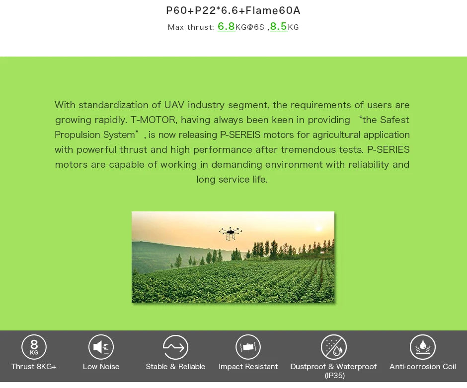 T-MOTOR Fational P60 KV170 KV340 Brushless Motor With Pin Powerful Efficient for Agriculture Multicopter UAV Industry Drones 8 T-MOTOR, P-SEREIS motors are capable of working in demanding environment with reliability and long service