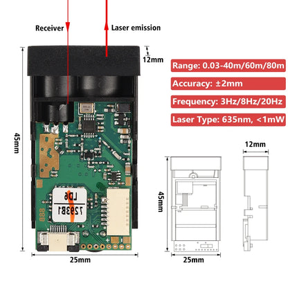 Meskernel LDK-80 Laser Distance Sensor, Meskernel LDK-80 laser sensor: 80m range, ±2mm accuracy, 635nm, 3.3V, TTL/RS485/RS232, 45x25x12mm, 3/8/20Hz frequencies.